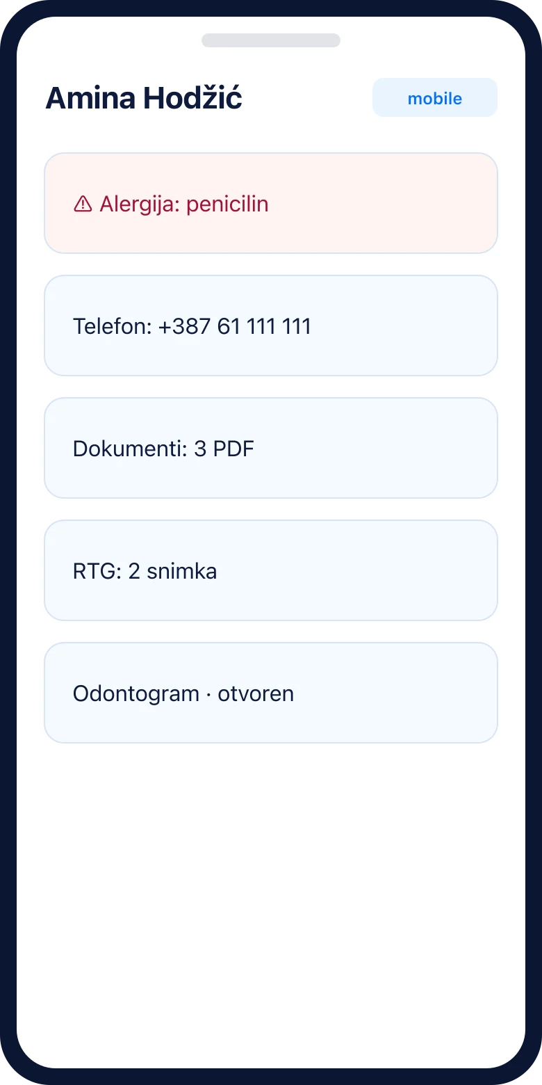 DentOrd karton pacijenta na telefonu
