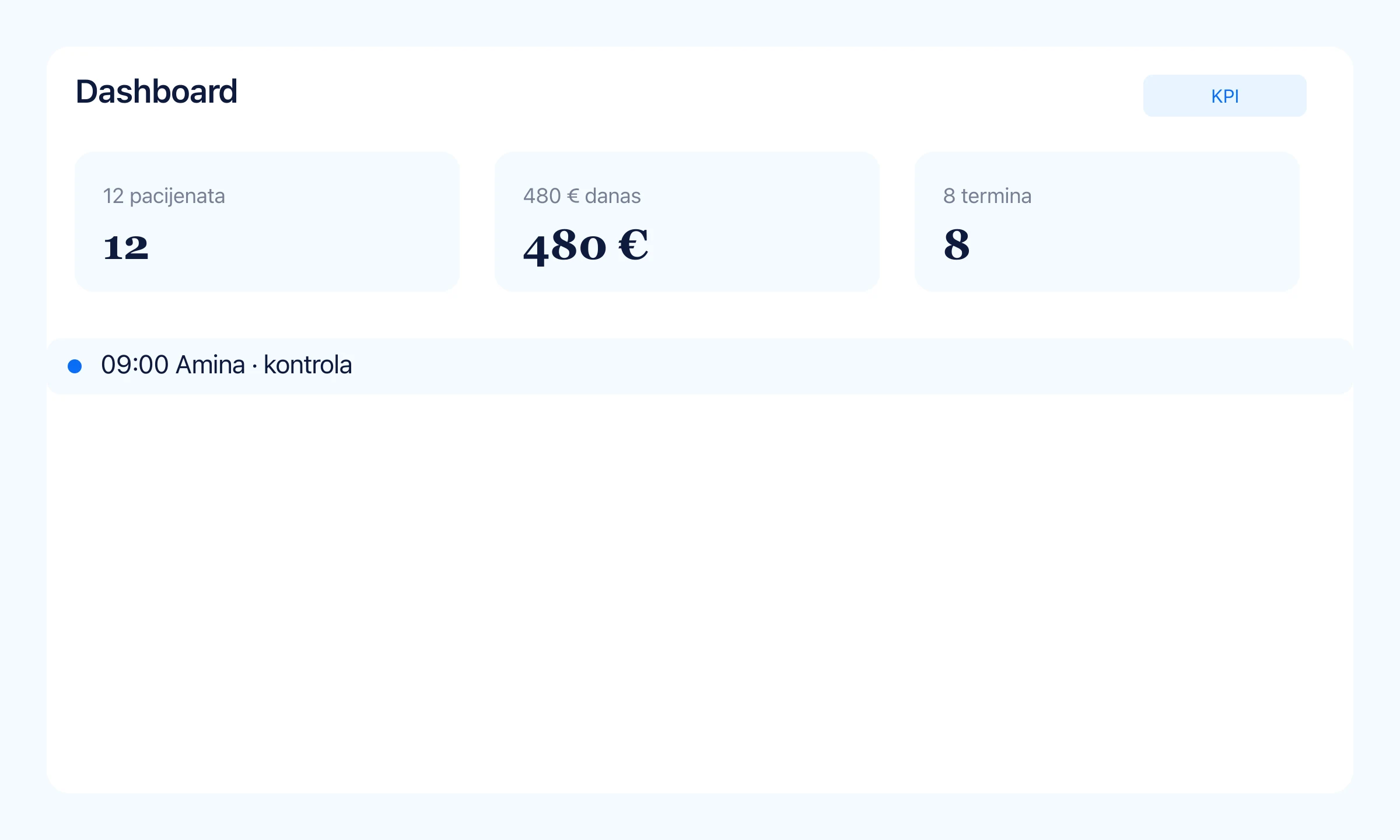 Pregled DentOrd dashboarda s KPI karticama i današnjim terminima